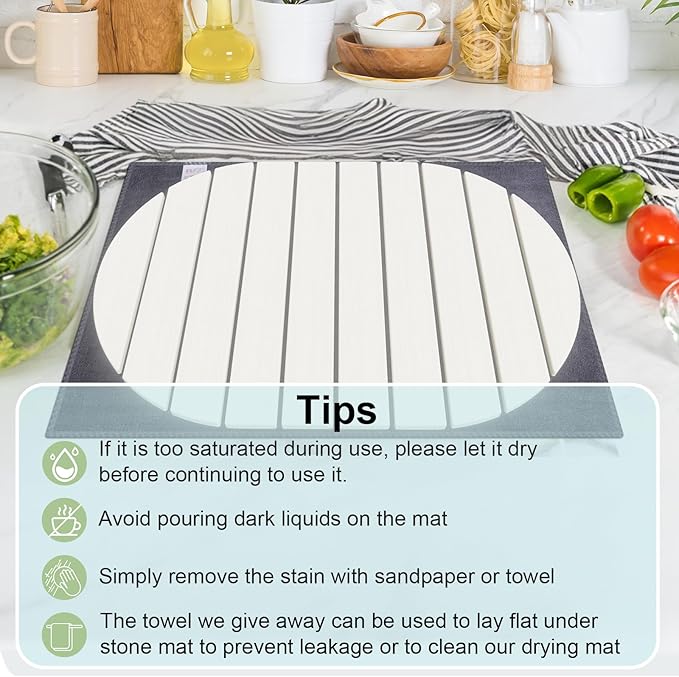 Stone Dish Drying Mat for Kitchen Counter24(L)×16(W) Collapsible Fast-Drying Diatomaceous Earth Mats with Towel Sanding ToolVersatile Stone Drying Mats for Cups Dishes Bottles