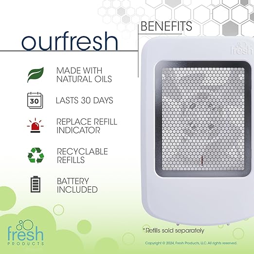 Fresh Products ourfresh 2 Air Freshener Replace Metered Aerosol with Dry Fragrance 30 Day Use Medium Sized Spaces Light Activated Battery Operated Refill Reminder White Dispenser 1 pk