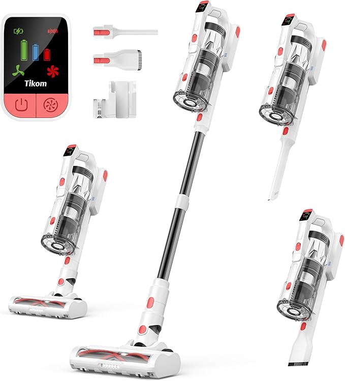 Tikom V750 Cordless Vacuum Cleaner for Home 45000Pa/500W Stick Vacuum with LED Display Charging Wall Dock Anti-Tangle Lightweight Handheld Vacuum for Pet Hair Hard Floor Carpet White