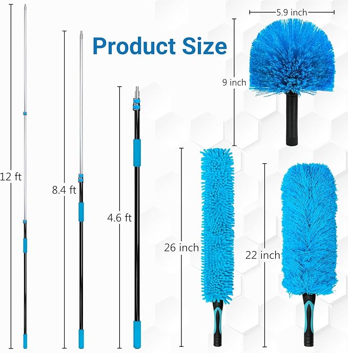 20FT High Ceiling Fan Duster with 5-12FT Extension Pole Extendable Reusable Cobweb and Bendable Feather Duster Kit for Cleaning Spiderweb and Dust
