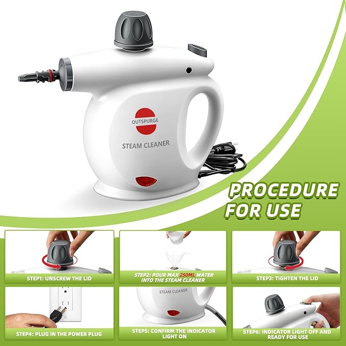 Handheld Steam Cleaner Pressurized Multi-Surface Steam Shot with 13 Accessories Safety Lock Steamer for Cleaning Floor Upholstery Grout Windows Couch and Car White