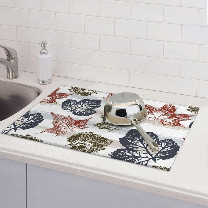 Blue Red Maple Leaves Dish Drying Mat 18x24 For Kitchen Counter Absorbent Microfiber Dishes Pad Dish Drainer Rack Mats Fast Dry Kitchen Accessories