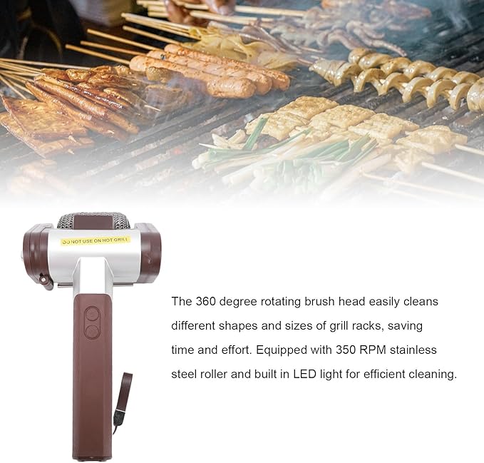 Electric Grill Cleaner Cordless Rechargeable BBQ Accessories Scrubber Brush with 350 RPM Stainless Roller LED Light Spinning Grill Cleaning Scrub Brush for BBQ Grates (Brown)