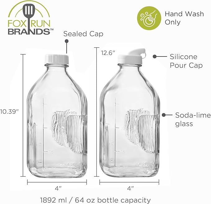 Fox Run Large Glass Milk Bottles Set of 2 64oz/2 Quart Capacity Glass Bottles with Airtight and Pouring Lids