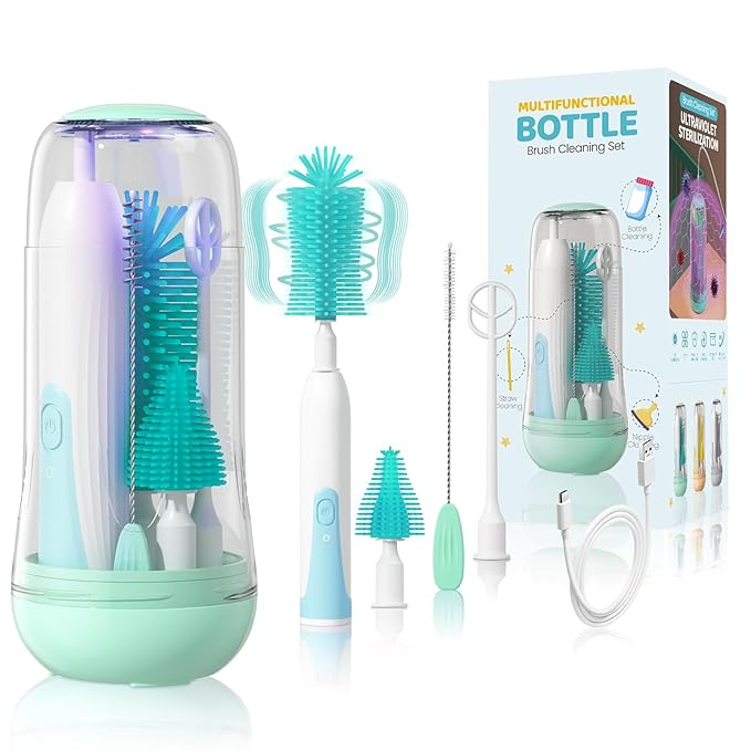 IvyWind Electric Travel Baby Bottle Brush Set with Storage Box Automatic Bottle Cleaner Brush Kit with Silicone Bottle/Nipple/Straw Brush Milk Frother Electric and Drainage Rack Rechargeable Green