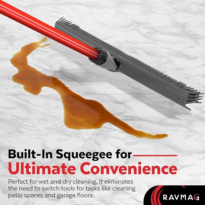 2-in-1 Silicone Rubber Broom Carpet Rake and Squeegee - Swivel Pet Hair Removal Broom with 1 Piece Long Handle - Slanted Side Bristles for Corners - Multipurpose Broom for Carpet Hardwood Floor Tile