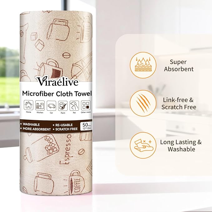 Microfiber Cleaning Cloth Roll 50-Count Reusable Washable Rags Absorbent Lint-Free Non-Scratch Streak-Free Tear-Away Barista Towels for Kitchen &amp Home Bar &amp Studio 12x12 in