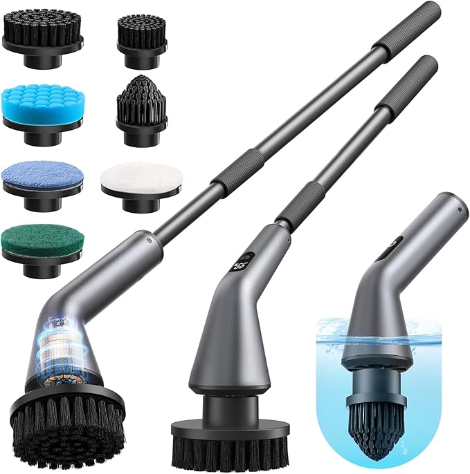 VICNOVA Electric Spin Scrubber IPX7 Waterproof 2-Speed Extendable Long Handle Cordless Cleaning Brush with 7 Replacement Brush Heads for Bathroom Shower Bathtub Glass Tub Tile Floor Car