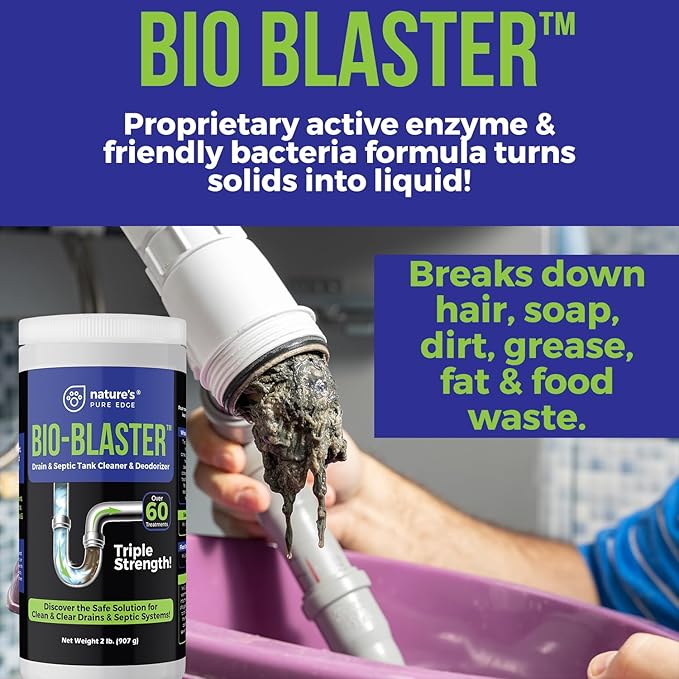Enzyme Drain and Septic Cleaner and Friendly Bacteria Booster. Extra Large 2 lb. Deodorizes and Unclogs Pipes - Septic Tanks - RV Tanks-and More. No Caustic Chemicals! Dissolves Fats Oil and Grease.