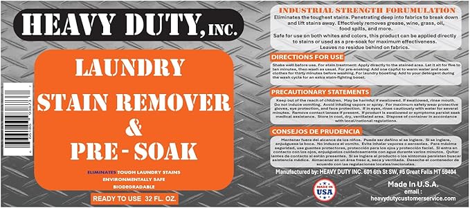 Heavy Duty Laundry Stain Remover &amp Pre-Soak Spray - 32 fl oz - Industrial Strength Fabric Spot Cleaner - Removes Oil Blood Urine Pet Grass Sweat - Pre-Wash Treatment - Color Safe Non-Bleach