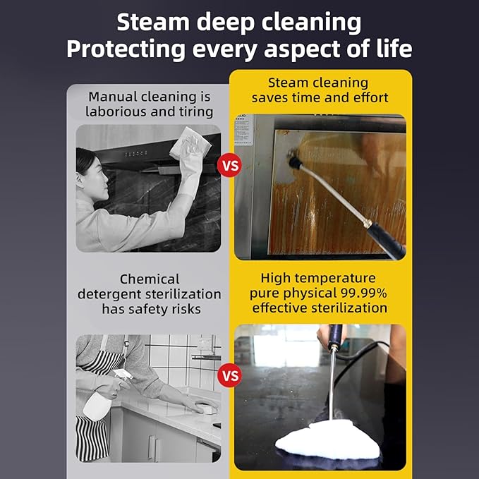 1200W Portable Handheld Steam Cleaner for Car Quick Heat 105℃ High Temperature Machine with 1200ml Water Tank 3 Brush Heads and 7 Accessories Portable for Home (US Plug)