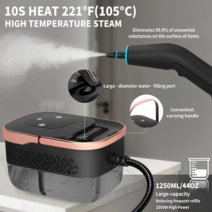 2500W Portable Steamer for Cleaning Handheld Steam Cleaner for Home 6 Steam Levels 10s Heat-Up High Heat Steamer for Car Detailing Furniture Couch Bed Bugs House Windows (Black)