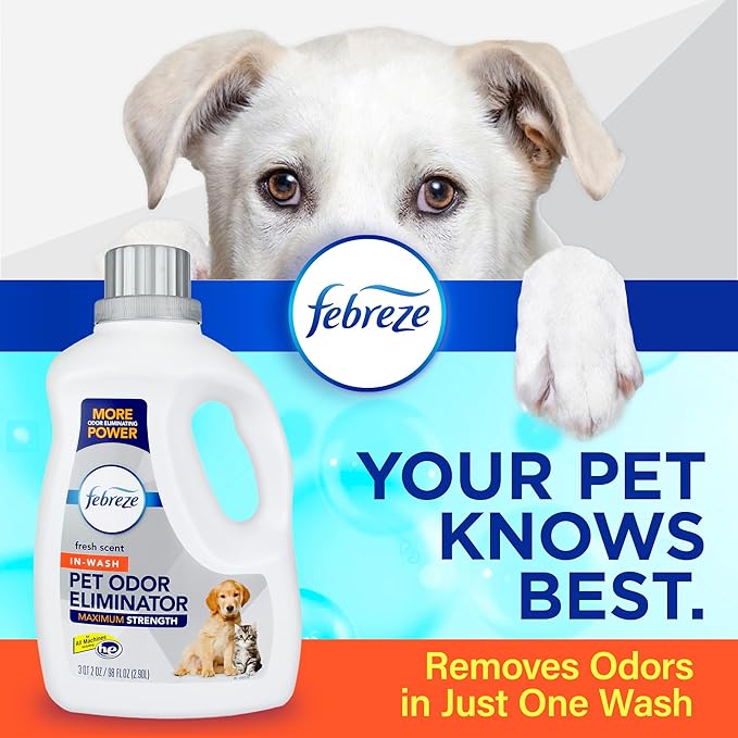 Febreze Laundry Detergent Additive for Pet Supplies Maximum Strength In Wash Pet Odor Eliminator Designed to Remove Tough Odors in Fabrics and Clothing in a Single Wash Fresh Scent 98 fl oz