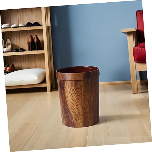 Healifty Vintage Style Plastic Wood Pattern Garbage Bin with Pressure Ring Wastebasket for Home Bedroom Bathroom and Office Space Saving Creative Container Design
