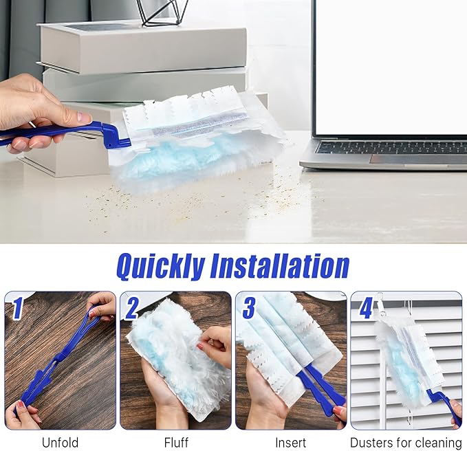 100 Pcs Duster Refills Bulk Thickened Duster Refill Electrostatic Duster Head Duster Refills for Cleaning with 4 Handles Disposable Duster Refills for Cleaning Blinds Ceiling Fans(Blue)
