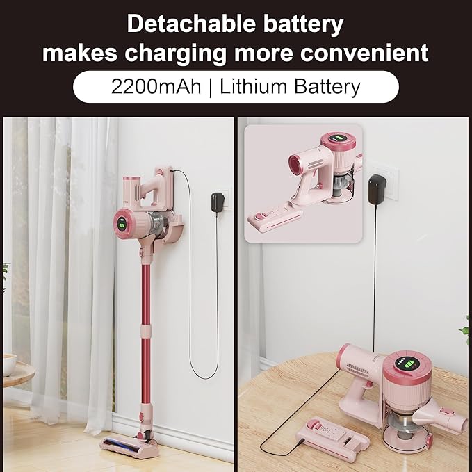 Cordless Stick Vacuum Cleaner 30KPa Handheld Rechargeable Battery Lightweight Small Pink Vac Electirc Broom 40Mins Runtime for Home Hard Floor Carpet Pet Hair Cleaning LED Screen