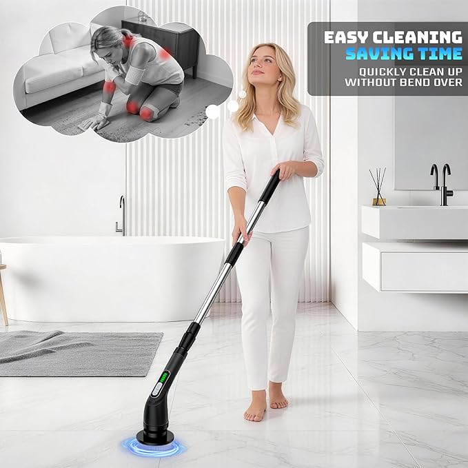 Electric Spin Scrubber Powerful 2-Speed Cleaning Brush IPX7 Waterproof with 7 Reusable Brush Heads &amp Extendable Handle for Bathroom Toilet Shower Kitchen Wall Tile Floor Grout (Black)