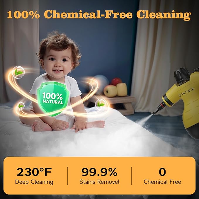 Steam Cleaner Handheld Steam Cleaner for Home 16-Piece Steam Cleaner Kit with Automatic Steam Switch Steamer for Kitchen Bathroom Living Room and Multi-Surface Deep Cleaning(Yellow)