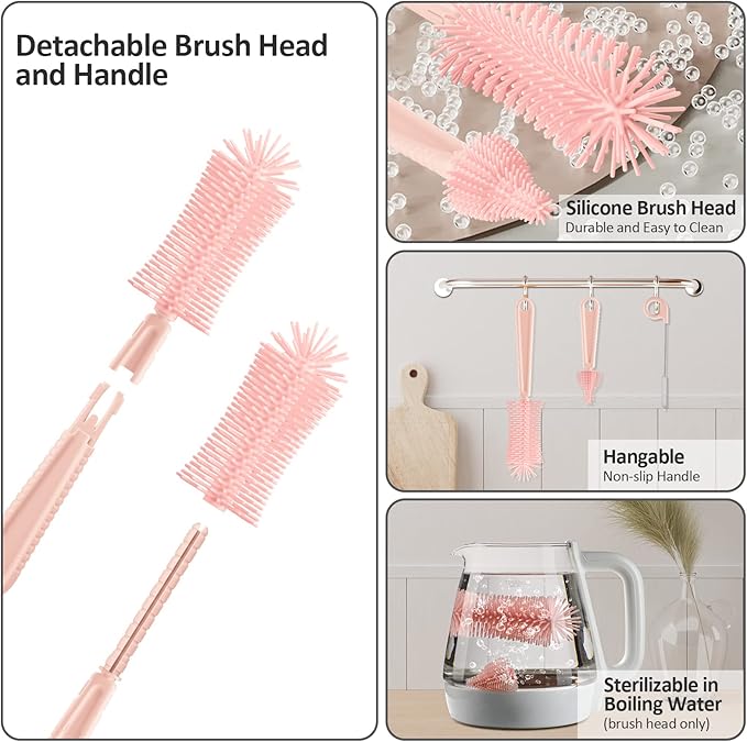 Bottle Brush Set 7 in 1 Cleaner Set with Baby Drying RackSilicone BrushStraw BrushNipple BrushSoap DispenserSpoonStorage Box Portable Essentials for Home &amp TravelPink(H-003)