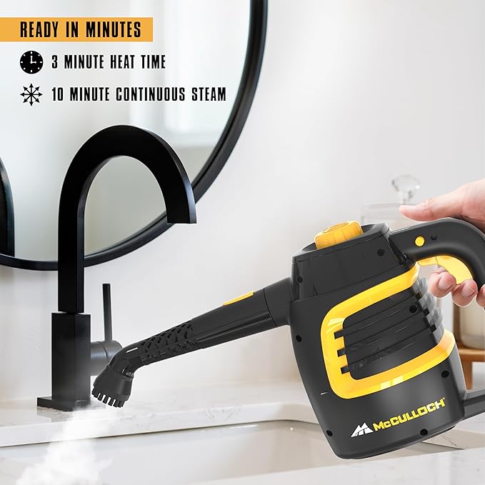 McCulloch MC1230 Handheld Steam Cleaner 10 Minute Runtime 11 Accessories: Jet Nozzle Brushes &amp More - Built for Home Tile Grout Carpet Furniture &amp Personal Car Detailing
