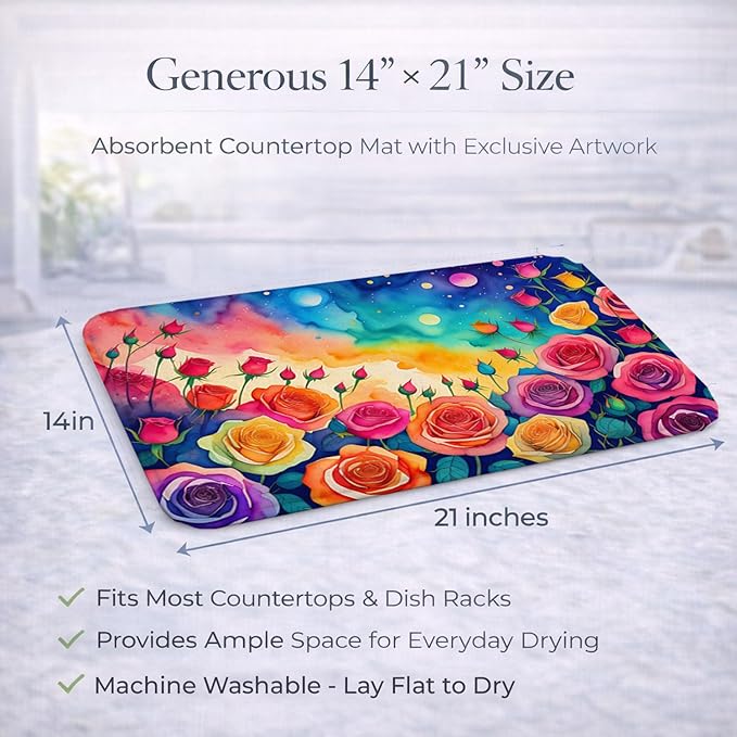 Caroline's Treasures DAC1457DDM Roses in Color Dish Drying Mat Absorbent Dish Drying Mat Pad for Kitchen Counter Dish Drainer Mat for Countertop 14 x 21 Multicolor