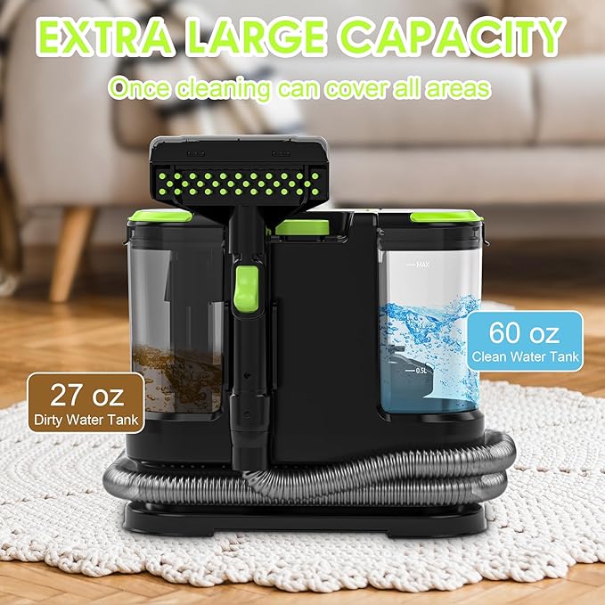 Portable Carpet &amp Upholstery Cleaner Deep Cleaning for Rugs Couch Curtain Car Interiors Stains Pet &amp Family Friendly 21 Kpa suction with 800W high-performance motor 120V (Green)