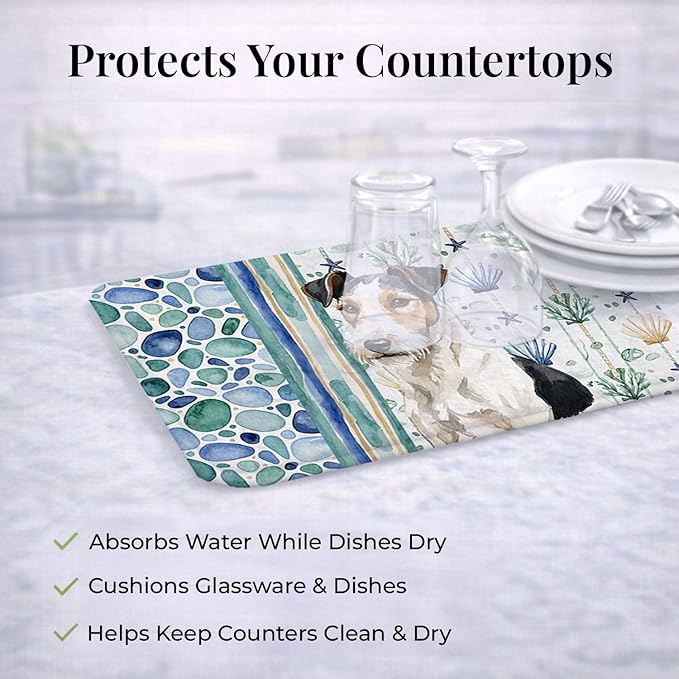 Caroline's Treasures Smooth Fox Terrier Coastal Sea Glass Dish Drying Mat Absorbent Dish Drying Mat Pad for Kitchen Counter Dish Drainer Mat for Countertop 14 x 21 Multicolor