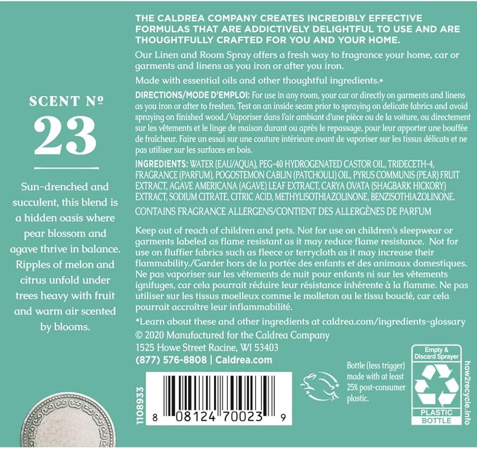 Caldrea Linen and Room Spray Air Freshener Made with Essential Oils Plant-Derived and Other Thoughtfully Chosen Ingredients Pear Blossom Agave Scent 16 oz 2 Pack