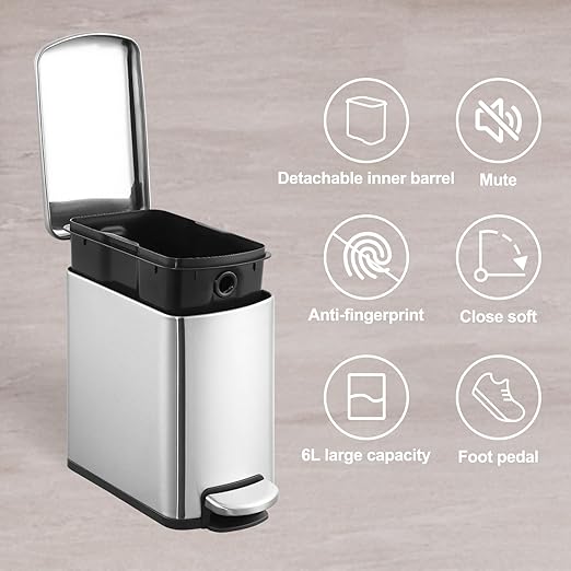 LinTimes 1.6 Gallon Slim Bathroom Trash Can 6 Liter Stainless Steel Small Garbage Can with Lid and Removable Inner Bucket for Bedroom Toilet Office