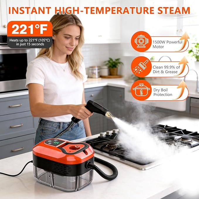 Steam Cleaner for Home &amp Car - 1200ML Water Tank 15s Heat-Up Portable Steamer for Cleaning 6 Level Handheld Steam Cleaner for Car Detailing with 6 Accessories for Furniture Grease Carpet Grout
