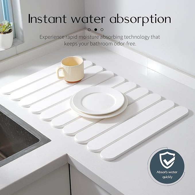 Large White Stone Dish Drying Mats for Kitchen Counter Quick Dry Collapsible Eco-Friendly Super Absorbent Diatomaceous Earth Heat-resistant Mat for Dishes Bottles Cups Match Any Countertop 24×16