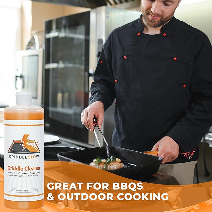 Griddle &amp Flat Top Grill Biodegradable Cleaner. Easy Pour Squeeze Bottle 32 oz. Fast Acting Formula Food Safe Glycerin-Based and Caustic Free. Heat Activated Removes Grease and Baked-on Food Sa