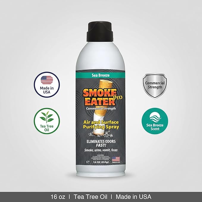 Smoke Eater Pro 16 oz Odor Eliminator Spray — Commercial Strength for Smoke Pet Urine and Cooking Odors — Air and Fabric Deodorizer with Tea Tree Oil — Made in USA (Sea Breeze)