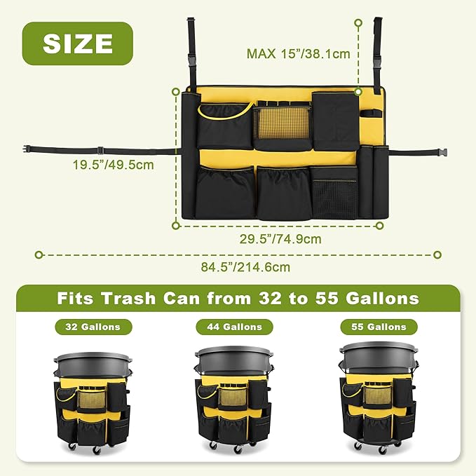 32-55 Gallon Trash Can Caddy Bag Garbage Bin Apron Caddy with Multiple Pockets for Cleaning Supplies Cleaning Tool Organizer with Adjustable Buckle for Janitorial Trash Can Black+Yellow