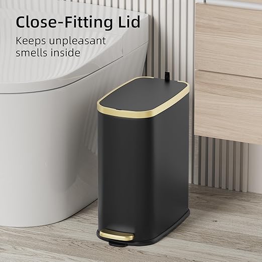 KUK Small Bathroom Trash Can with Lid Soft Close Step Pedal 2.6 Gal Stainless Steel Garbage Can with Removable Inner Bucket Anti-Fingerprint Wastebasket for Office Bedroom Toilet (Black)