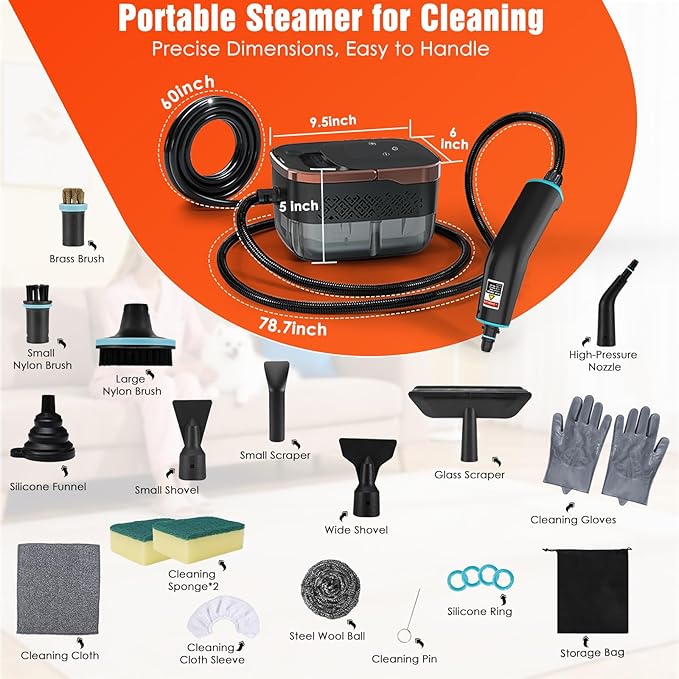 IPOW Steam Cleaner 6-Level Adjustable 15s Fast Heat-Up with 1250ml Tank and 16 Accessories for Cleaning Kitchen FloorToilet Bathroom Car SeatsWindows