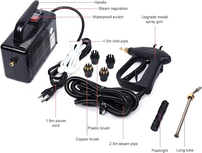 Multifunction Handheld Steam Cleaner 1600W Electric High Pressure Steam Clean Mobile Cleaning Machine Power Steamer High Temperature Portable Steam Cleaner for Furniture Car Household (Black)