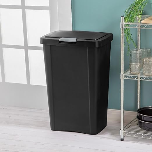 Sterilite 13 Gallon TouchTop Narrow Plastic Wastebasket with Secure Titanium Latch for Kitchen Bathroom and Office Use Black (8 Pack)