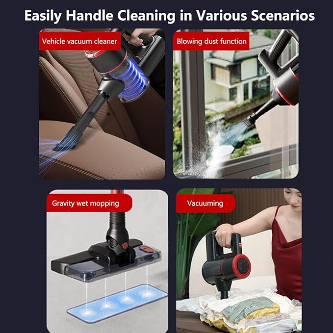 Lightweight and Versatile Vacuum and Mop Combo 5 in 1 18Kpa 8000mah Battery Cordless Mop All in One Handheld Vacuum Cleaner for Hardwood Floor/Carpet/Pet Hair/CarRed