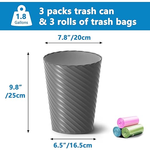 Lysam Bathroom Trash Can 3 Pack 1.8 Gallons Small Trash Can with Trash Bags Bathroom Garbage Can Plastic Trash Bin Round Waste Basket for Bedroom Office Room (White Black Grey)