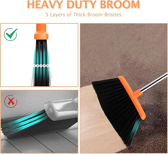 2-Pack Broom and Dustpan Set with Long Handle Heavy Dust Broom and Dustpan Combo for HomeKitchen Office Pet Hair (Brown Orange)