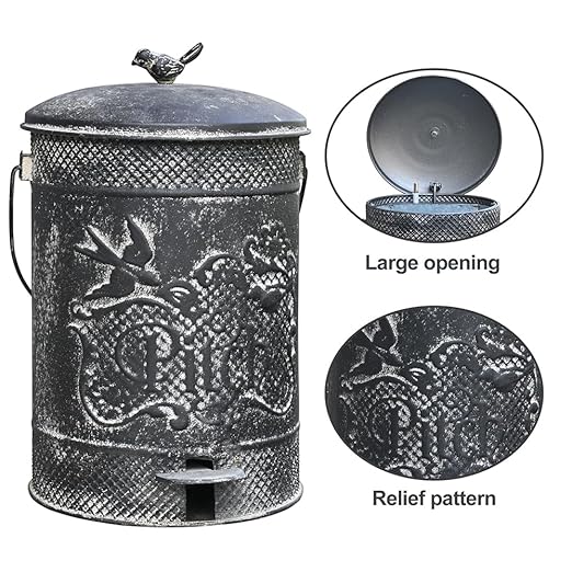 Farmhouse Garbage Can with Lid Indoor Outdoor Trash Can with Embossed Bird and Flowers PatternMetal Retro Kitchen Trash Can with Lid for Kitchen Room and Garden Decor (Black)