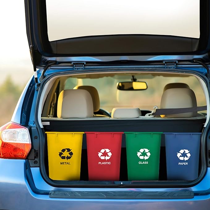 Acrimet Wastebasket Bin for Recycling 6.75 Gallon/ 27 Quart/ 25.552 Liter (Made of Plastic) (Metal/Yellow Paper/Blue Glass/Green Plastic/Red) (Set of 4)