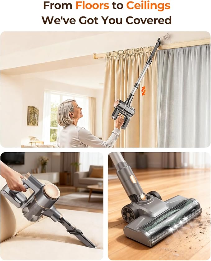 N8 Cordless Vacuum CleanerLightweight Stick Vacuum with Powerful Suction2200mAh Battery40 Mins RuntimeSelf-StandingRechargeable Vacuum Cleaners for Home Hardwood Floor Carpet Pet Hair (Gold)