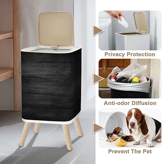 Small Trash Can with Lid Black Grey Wooden Plank wall Texture Old Natural Pattern 2.6 Gallon/10L Garbage Can Waste Bin with Pop-Up Lid Wood Legs Wastebasket for Bathroom Kitchen Bedroom