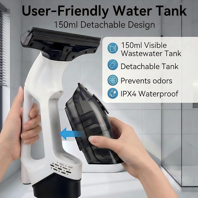 Electric Window Vacuum Squeegee 2200mAh &amp 2000Pa Cordless Window Cleaner Tool with 150ml Water Collection Tank Window Cleaning Kit for Shower Glass Car Door Mirror Home