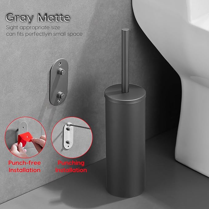 Stainless Steel Toilet Brush and Holder Set No-Punch Hook Base Dual Purpose Toilet Brush Holder with Removable Inner Bucket and Splash Cover - Soft Bristles (Gray)