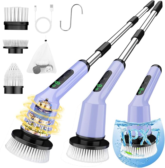 Electric Spin Scrubber for Cleaning Bathroom Shower Scrubber Cordless Cleaning Brush with IPX7 Waterproof &amp 2 Speed 3 Brush Heads Bathroom Cleaning Supplies for Shower Tub Tile Toilet Purple