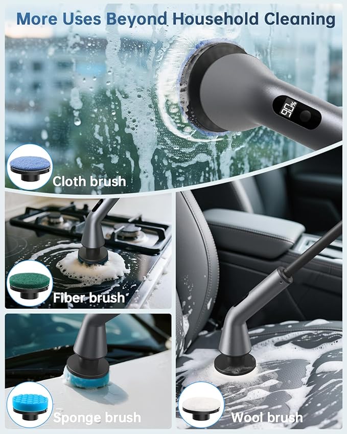 VICNOVA Electric Spin Scrubber IPX7 Waterproof 2-Speed Extendable Long Handle Cordless Cleaning Brush with 7 Replacement Brush Heads for Bathroom Shower Bathtub Glass Tub Tile Floor Car
