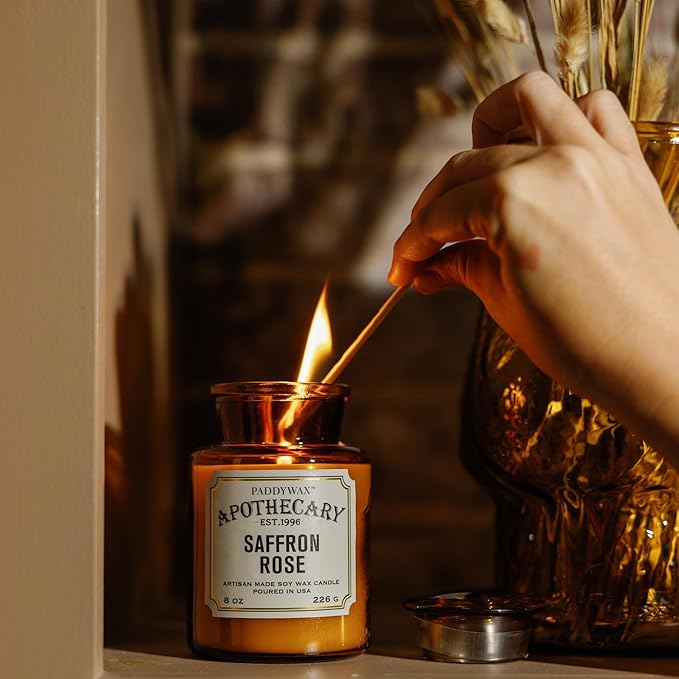 Paddywax Artisan Apothecary Scented Candle with Lid in Reusable Glass Jar Clean-Burn Soy Candle with Approx. 54 Hour Burn Time Saffron &amp Rose 8 oz
